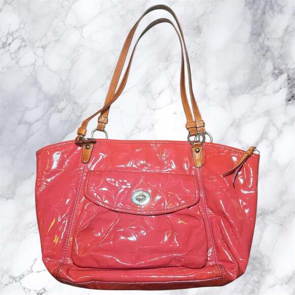 Coach Handbags - Coach Patent Leather Signature Tote Bag Pink Coral Shoulder Bag Turnlock F14663